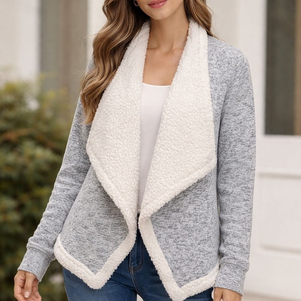 Derek Heart Gray Open Front Sherpa Collared Cardigan Sweater Cozy Lounge Size S